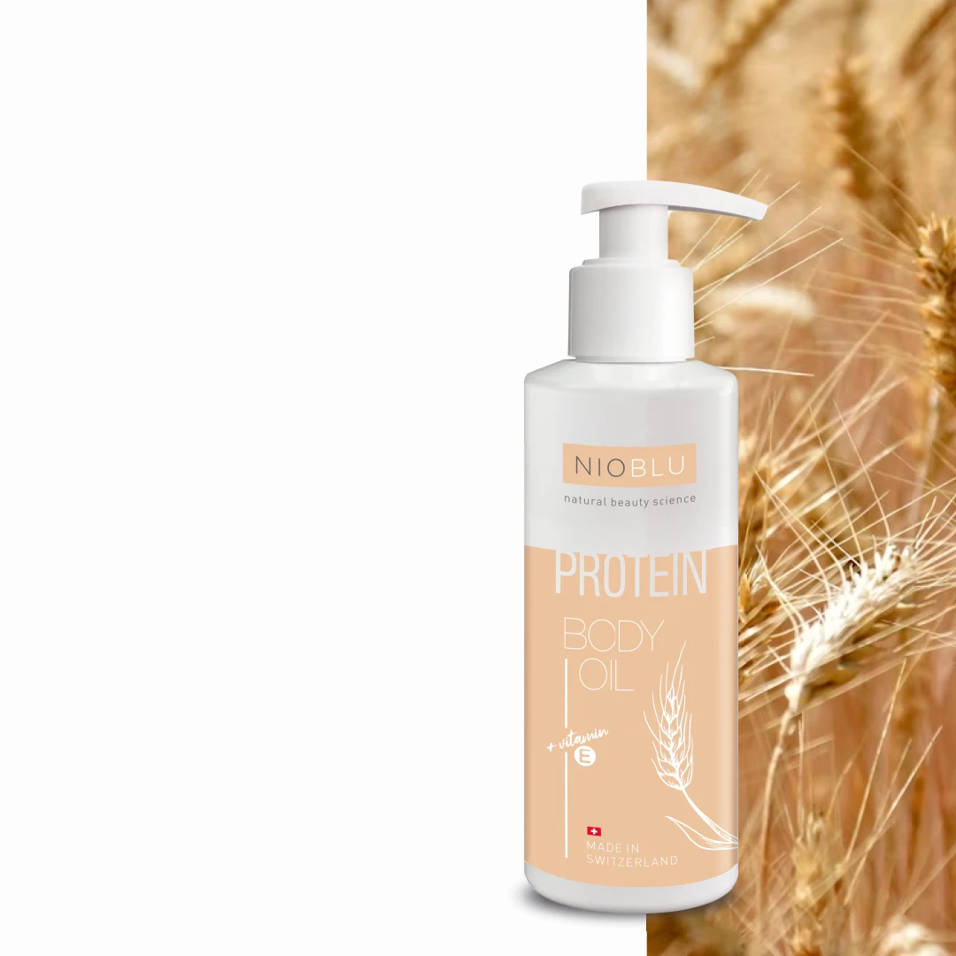 Nioblu Protein Lichaamsolie met tarwe-eiwit en vitamine E voor intensieve huidverzorging bij Divae IJsselstein.