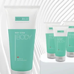 Nioblu Body Scrub Herstellende met abrikozenpit en karitéboter voor een gladde en vitale huid bij Divae.
